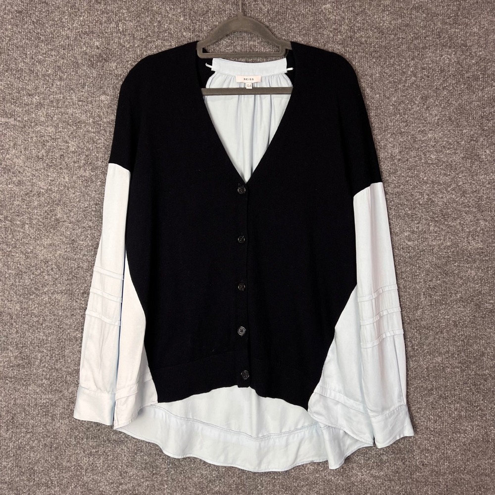 Reiss Cardigan Mixed Media Womens 4 Black Blue  V-Neck Button Front